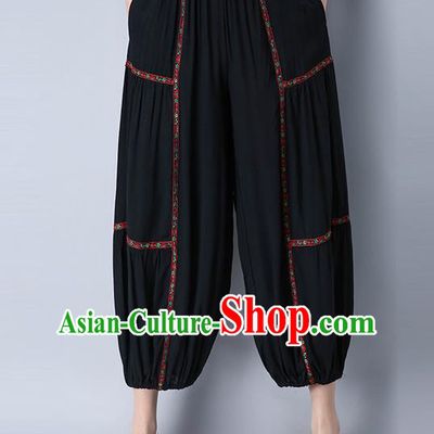 Traditional Chinese National Costume Plus Fours, Elegant Hanfu Embroidered Black Bloomers, China Ethnic Minorities Folk Dance Tang Suit Pantalettes for Women