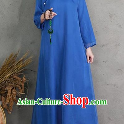 Traditional Ancient Chinese National Costume, Elegant Hanfu Mandarin Qipao Linen Slant Opening Blue Dress, China Tang Suit Chirpaur Republic of China Cheongsam Elegant Dress Clothing for Women