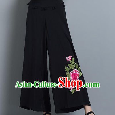 Traditional Chinese National Costume Loose Pants, Elegant Hanfu Embroidered Black Wide leg Pants, China Ethnic Minorities Tang Suit Ultra-wide-leg Trousers for Women