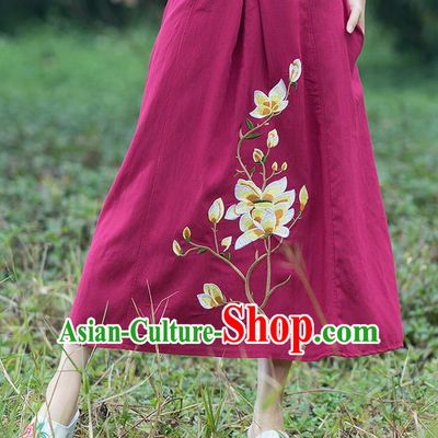 Traditional Ancient Chinese National Pleated Skirt Costume, Elegant Hanfu Linen Embroidery Long Red Dress, China Tang Suit Bust Skirt for Women