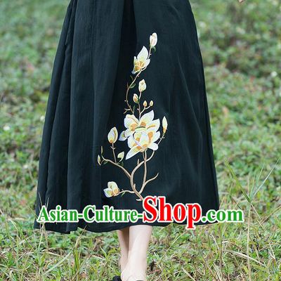Traditional Ancient Chinese National Pleated Skirt Costume, Elegant Hanfu Linen Embroidery Long Black Dress, China Tang Suit Bust Skirt for Women