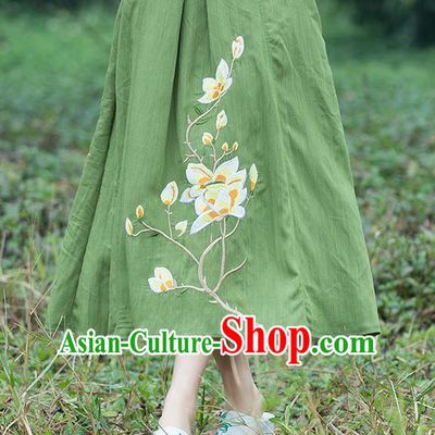 Traditional Ancient Chinese National Pleated Skirt Costume, Elegant Hanfu Linen Embroidery Long Green Dress, China Tang Suit Bust Skirt for Women