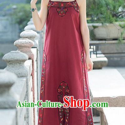 Traditional Ancient Chinese National Costume, Elegant Hanfu Embroidery Braces Red Dress, China Tang Suit Chirpaur Elegant Suspender Dress Clothing for Women