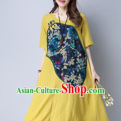 Traditional Ancient Chinese National Costume, Elegant Hanfu Linen Patch Embroidered Yellow Dress, China Tang Suit Chirpaur Cheongsam Elegant Dress Clothing for Women