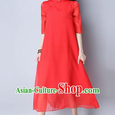 Traditional Ancient Chinese National Costume, Elegant Hanfu Mandarin Qipao Stand Collar Red Dress, China Tang Suit Chirpaur Elegant Dress Clothing for Women
