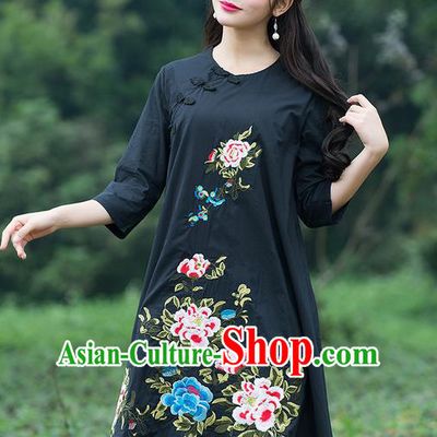 Traditional Ancient Chinese National Costume, Elegant Hanfu Embroidered Black Dress, China Tang Suit Chirpaur Cheongsam Elegant Dress Clothing for Women