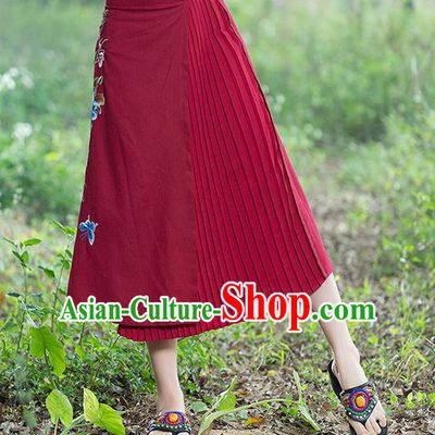 Traditional Ancient Chinese National Pleated Skirt Costume, Elegant Hanfu Embroidery Long Red Dress, China Tang Suit Bust Skirt for Women