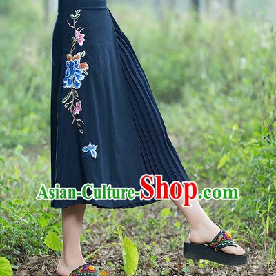 Traditional Ancient Chinese National Pleated Skirt Costume, Elegant Hanfu Embroidery Long Navy Dress, China Tang Suit Bust Skirt for Women