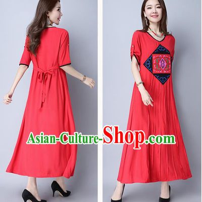 Traditional Ancient Chinese National Costume, Elegant Hanfu Mandarin Qipao Embroidered Red Linen Long Dress, China Tang Suit Chirpaur Republic of China Cheongsam Elegant Dress Clothing for Women