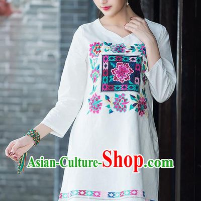 Traditional Ancient Chinese National Costume, Elegant Hanfu Mandarin Qipao Linen Embroidery White Dress, China Tang Suit Chirpaur Elegant Dress Clothing for Women