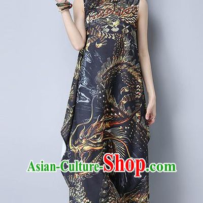 Traditional Ancient Chinese National Costume, Elegant Hanfu Mandarin Qipao Stand Collar Printing Dress, China Tang Suit Plated Buttons Chirpaur Elegant Dress Clothing for Women