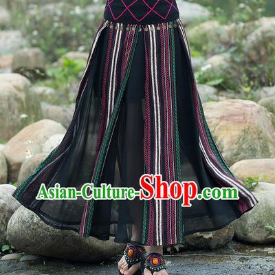 Traditional Ancient Chinese National Pleated Skirt Costume, Elegant Hanfu Embroidery Long Black Dress, China Tang Suit National Minority Bust Skirt for Women