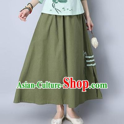 Traditional Ancient Chinese National Pleated Skirt Costume, Elegant Hanfu Embroidery Long Green Plated Buttons Dress, China Tang Suit National Minority Bust Skirt for Women