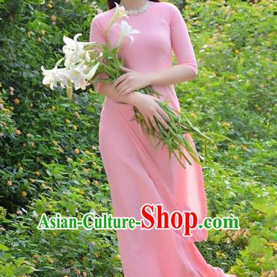 Top Grade Asian Vietnamese Traditional Dress, Vietnam Bride Ao Dai Dress, Princess Wedding Printing Two-piece Pink Dress and Pants Cheongsam Clothing for Women