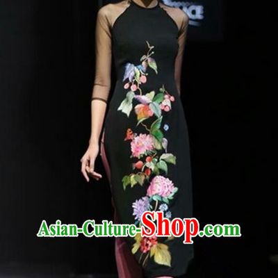 Top Grade Asian Vietnamese Traditional Dress, Vietnam Bride Ao Dai Hand Painting Flowers Dress, Vietnam Princess Black Dress Cheongsam Clothing for Women