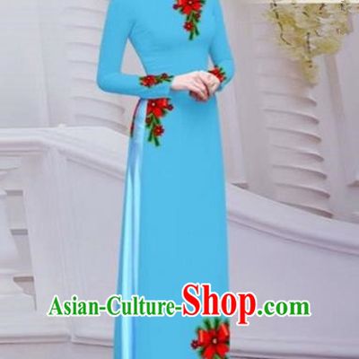 Top Grade Asian Vietnamese Traditional Dress, Vietnam Bride Ao Dai Hand Printing Flowers Dress, Vietnam Princess Blue Dress Cheongsam Clothing for Women