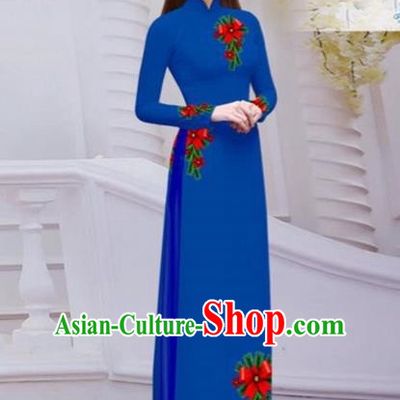 Top Grade Asian Vietnamese Traditional Dress, Vietnam Bride Ao Dai Hand Printing Flowers Dress, Vietnam Princess Royalblue Dress Cheongsam Clothing for Women
