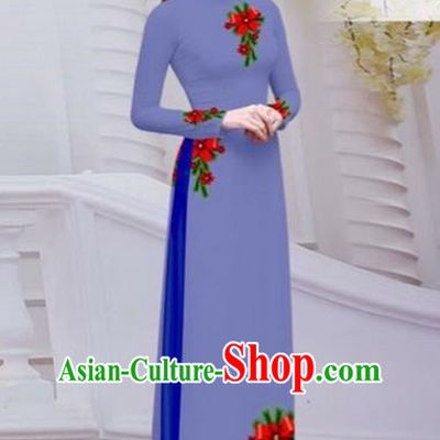Top Grade Asian Vietnamese Traditional Dress, Vietnam Bride Ao Dai Hand Printing Flowers Dress, Vietnam Princess Purple Dress Cheongsam Clothing for Women