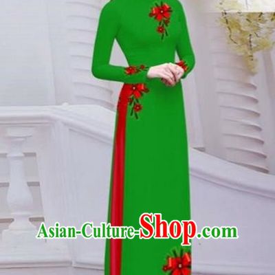 Top Grade Asian Vietnamese Traditional Dress, Vietnam Bride Ao Dai Hand Printing Flowers Dress, Vietnam Princess Green Dress Cheongsam Clothing for Women