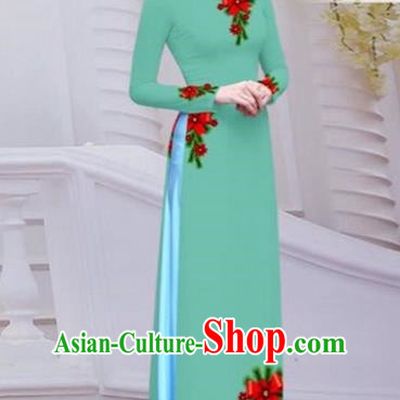 Top Grade Asian Vietnamese Traditional Dress, Vietnam Bride Ao Dai Hand Printing Flowers Dress, Vietnam Princess Light Green Dress Cheongsam Clothing for Women