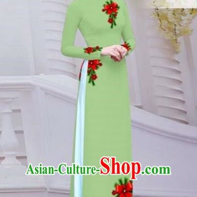 Top Grade Asian Vietnamese Traditional Dress, Vietnam Bride Ao Dai Hand Printing Flowers Dress, Vietnam Princess Fluorescent Green Dress Cheongsam Clothing for Women
