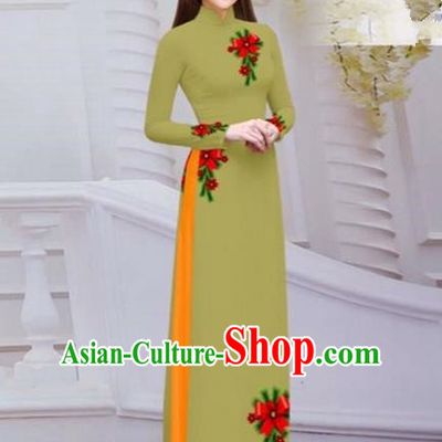 Top Grade Asian Vietnamese Traditional Dress, Vietnam Bride Ao Dai Hand Printing Flowers Dress, Vietnam Princess Olive Green Dress Cheongsam Clothing for Women