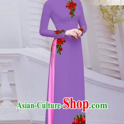 Top Grade Asian Vietnamese Traditional Dress, Vietnam Bride Ao Dai Hand Printing Flowers Dress, Vietnam Princess Deep Purple Dress Cheongsam Clothing for Women