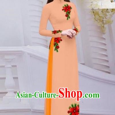 Top Grade Asian Vietnamese Traditional Dress, Vietnam Bride Ao Dai Hand Printing Flowers Dress, Vietnam Princess Orange Dress Cheongsam Clothing for Women