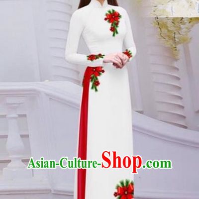 Top Grade Asian Vietnamese Traditional Dress, Vietnam Bride Ao Dai Hand Printing Flowers Dress, Vietnam Princess White Dress Cheongsam Clothing for Women