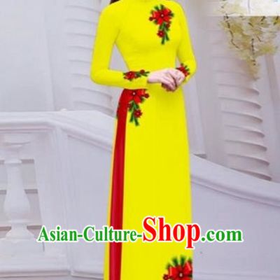 Top Grade Asian Vietnamese Traditional Dress, Vietnam Bride Ao Dai Hand Printing Flowers Dress, Vietnam Princess Yellow Dress Cheongsam Clothing for Women