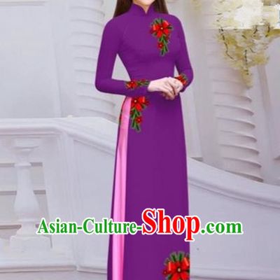 Top Grade Asian Vietnamese Traditional Dress, Vietnam Bride Ao Dai Hand Printing Flowers Dress, Vietnam Princess Amaranth Dress Cheongsam Clothing for Women