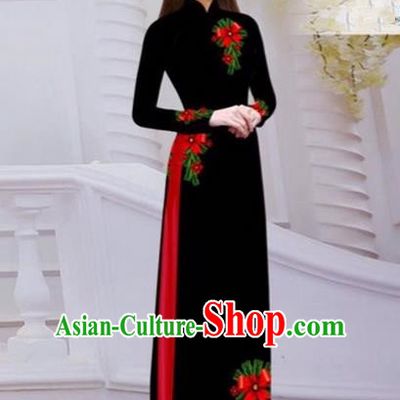 Top Grade Asian Vietnamese Traditional Dress, Vietnam Bride Ao Dai Hand Printing Flowers Dress, Vietnam Princess Black Dress Cheongsam Clothing for Women