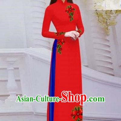 Top Grade Asian Vietnamese Traditional Dress, Vietnam Bride Ao Dai Hand Printing Flowers Dress, Vietnam Princess Red Dress Cheongsam Clothing for Women