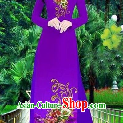 Top Grade Asian Vietnamese Traditional Dress, Vietnam Bride Ao Dai Dress, Princess Wedding Printing Peony Dress Purple Cheongsam Clothing for Women