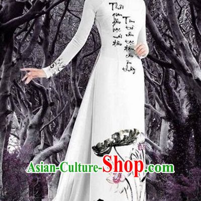 Top Grade Asian Vietnamese Traditional Dress, Vietnam Bride Ao Dai Ink Printing Lotus Flowers Dress, Vietnam Princess Dress Cheongsam Clothing for Women