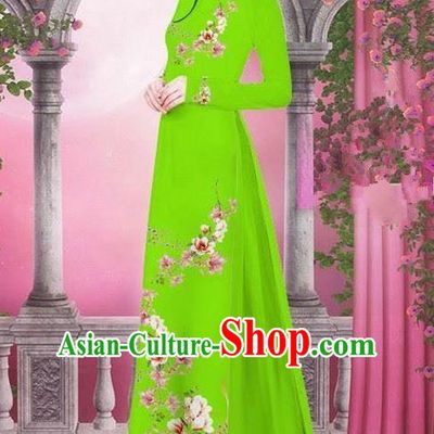 Top Grade Asian Vietnamese Traditional Dress, Vietnam Bride Ao Dai Printing Peach Blossom Flowers Dress, Vietnam Princess Light Green Dress Cheongsam Clothing for Women