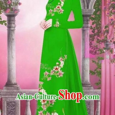Top Grade Asian Vietnamese Traditional Dress, Vietnam Bride Ao Dai Printing Peach Blossom Flowers Dress, Vietnam Princess Green Dress Cheongsam Clothing for Women