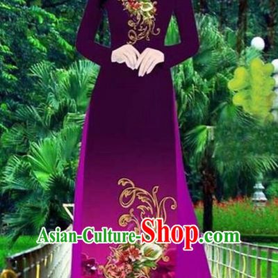 Top Grade Asian Vietnamese Traditional Dress, Vietnam Bride Ao Dai Dress, Princess Wedding Printing Peony Dress Wine Red Cheongsam Clothing for Women