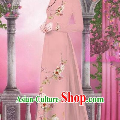 Top Grade Asian Vietnamese Traditional Dress, Vietnam Bride Ao Dai Printing Peach Blossom Flowers Dress, Vietnam Princess Fleshcolor Dress Cheongsam Clothing for Women