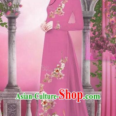 Top Grade Asian Vietnamese Traditional Dress, Vietnam Bride Ao Dai Printing Peach Blossom Flowers Dress, Vietnam Princess Deep Pink Dress Cheongsam Clothing for Women