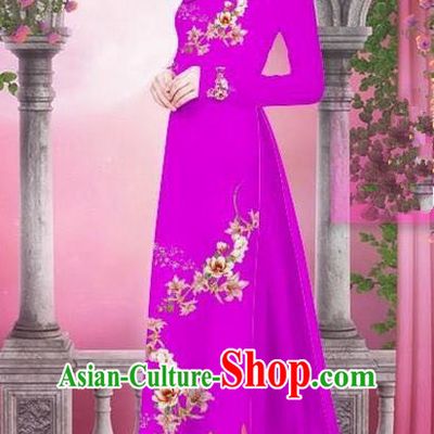 Top Grade Asian Vietnamese Traditional Dress, Vietnam Bride Ao Dai Printing Peach Blossom Flowers Dress, Vietnam Princess Rose Dress Cheongsam Clothing for Women