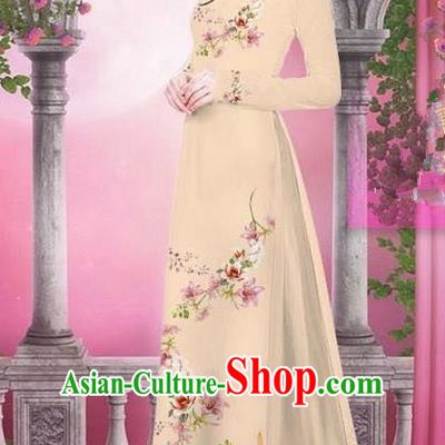 Top Grade Asian Vietnamese Traditional Dress, Vietnam Bride Ao Dai Printing Peach Blossom Flowers Dress, Vietnam Princess Khaki Dress Cheongsam Clothing for Women