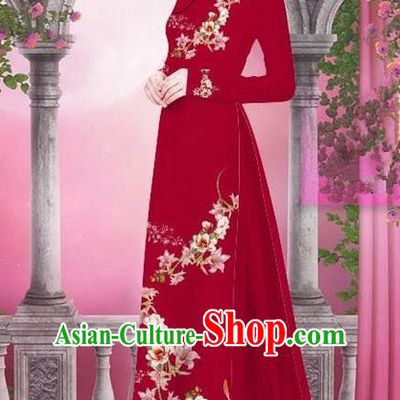 Top Grade Asian Vietnamese Traditional Dress, Vietnam Bride Ao Dai Printing Peach Blossom Flowers Dress, Vietnam Princess Wine Red Dress Cheongsam Clothing for Women