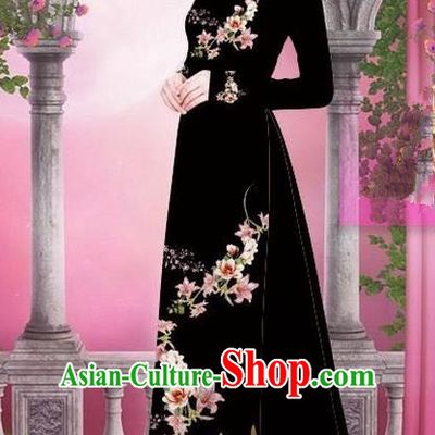 Top Grade Asian Vietnamese Traditional Dress, Vietnam Bride Ao Dai Printing Peach Blossom Flowers Dress, Vietnam Princess Black Dress Cheongsam Clothing for Women