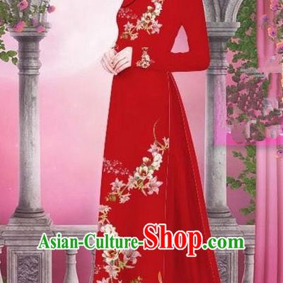 Top Grade Asian Vietnamese Traditional Dress, Vietnam Bride Ao Dai Printing Peach Blossom Flowers Dress, Vietnam Princess Red Dress Cheongsam Clothing for Women
