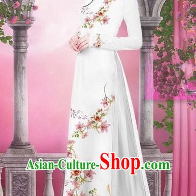 Top Grade Asian Vietnamese Traditional Dress, Vietnam Bride Ao Dai Printing Peach Blossom Flowers Dress, Vietnam Princess White Dress Cheongsam Clothing for Women