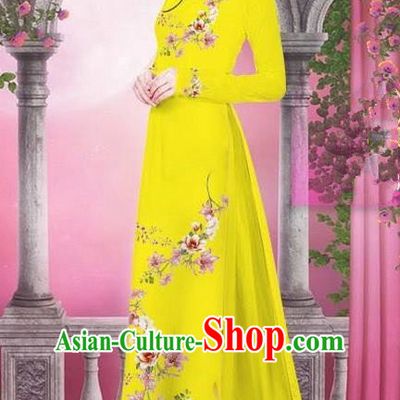 Top Grade Asian Vietnamese Traditional Dress, Vietnam Bride Ao Dai Printing Peach Blossom Flowers Dress, Vietnam Princess Yellow Dress Cheongsam Clothing for Women