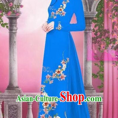 Top Grade Asian Vietnamese Traditional Dress, Vietnam Bride Ao Dai Printing Peach Blossom Flowers Dress, Vietnam Princess Royalblue Dress Cheongsam Clothing for Women