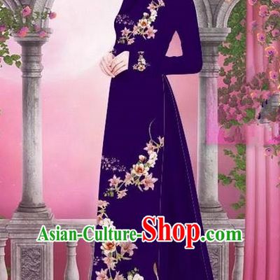 Top Grade Asian Vietnamese Traditional Dress, Vietnam Bride Ao Dai Printing Peach Blossom Flowers Dress, Vietnam Princess Purple Dress Cheongsam Clothing for Women