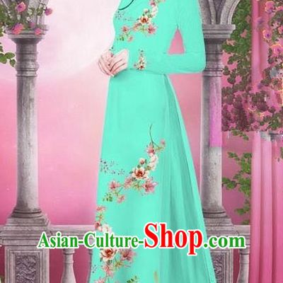 Top Grade Asian Vietnamese Traditional Dress, Vietnam Bride Ao Dai Printing Peach Blossom Flowers Dress, Vietnam Princess Blue Dress Cheongsam Clothing for Women